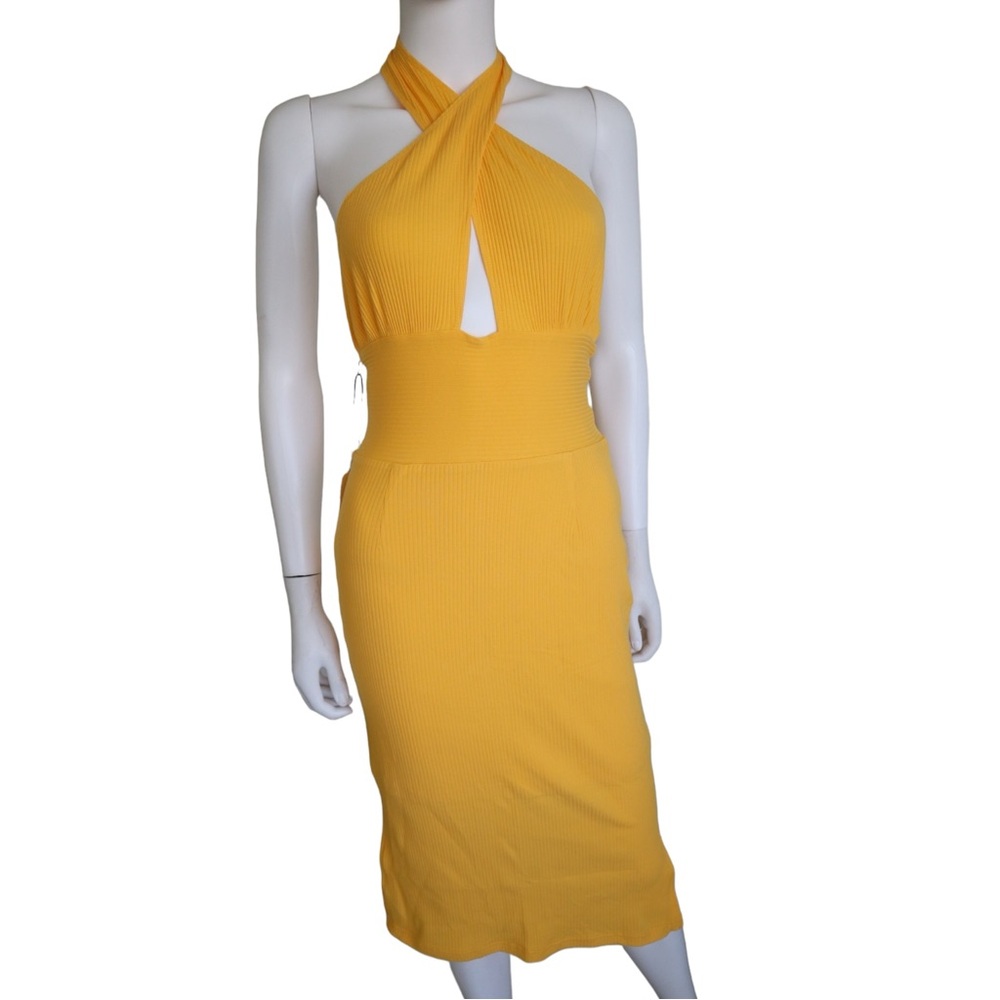 Callahan Stretch Midi Dress Women’s Peekaboo Knit Rib Halter Dress Orange NWT